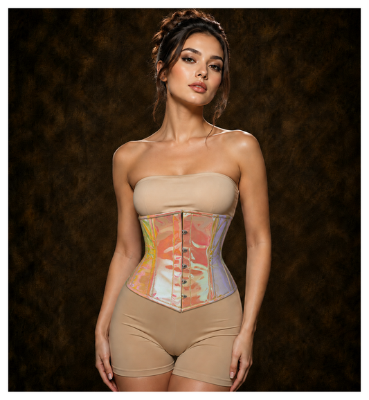 Steel Boned Underbust Holographic Corset in Yellow/Pink
