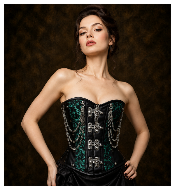 Green Brocade Lace-up corset/ Steel Boned Underbust- Shapwear