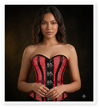 Red Mesh & Black faux Leather Steel-Busk Corset