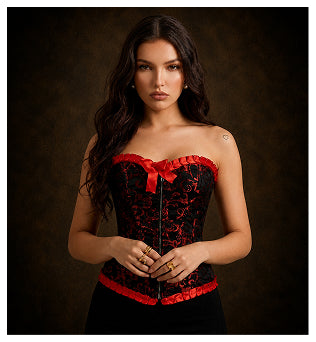 Plus Size Red Brocade Overbust Corset - Laced Corset