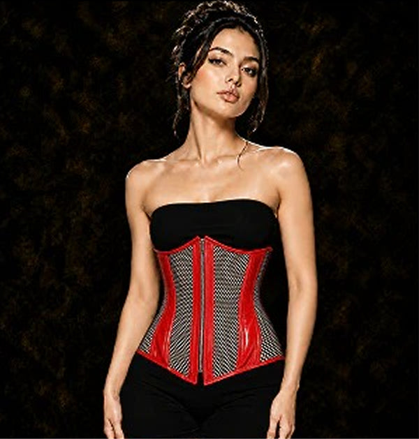 Red Mesh & Faux Leather Over Bust Corset