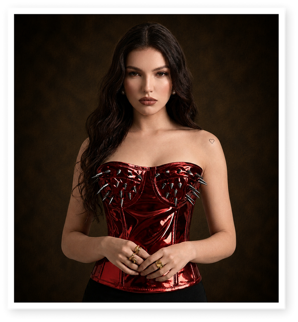 RED Metallic PVC Steel Boned Bustier Top corset w/ Spikes