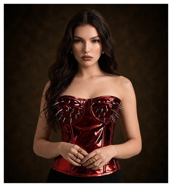 RED Metallic PVC Steel Boned Bustier Top corset w/ Spikes