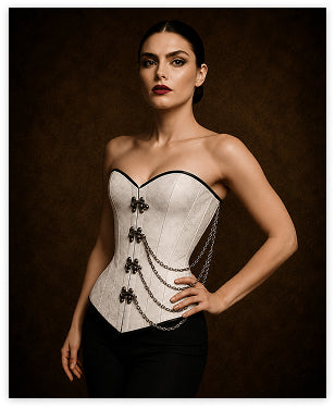 Steel Boned White Brocade Overbust corset w/ Front Clasps and Chains