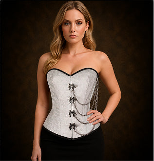 Steel Boned White Brocade Overbust corset w/ Front Clasps and Chains