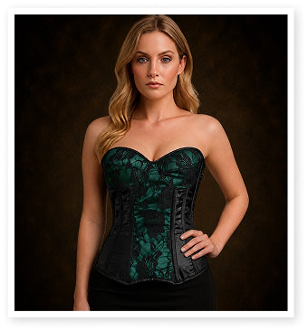 Green Satin Steel Boned Over bust corset Top w/ Flower Lace Overlay
