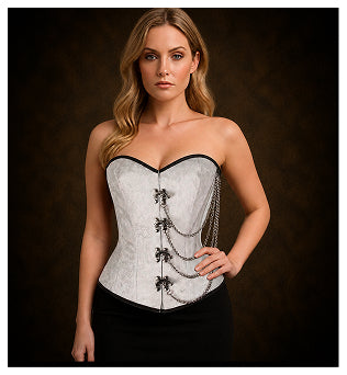 Steel Boned White Brocade Overbust corset w/ Front Clasps and Chains