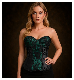 Green Satin Steel Boned Over bust corset Top w/ Flower Lace Overlay
