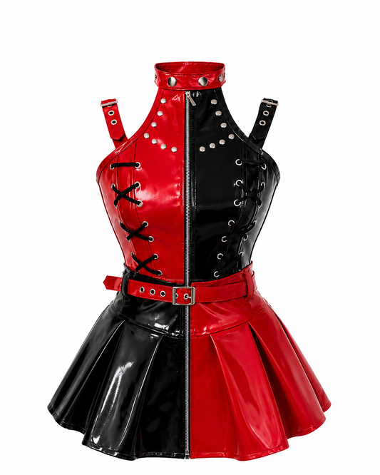 Harley Quinn Black Red PVC Corset with Pleated Skirt & Strap Detail Set