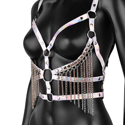 White Iridescent Leather Harness with Chain Fringe