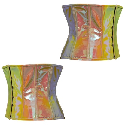 Steel Boned Underbust Holographic Corset in Yellow/Pink
