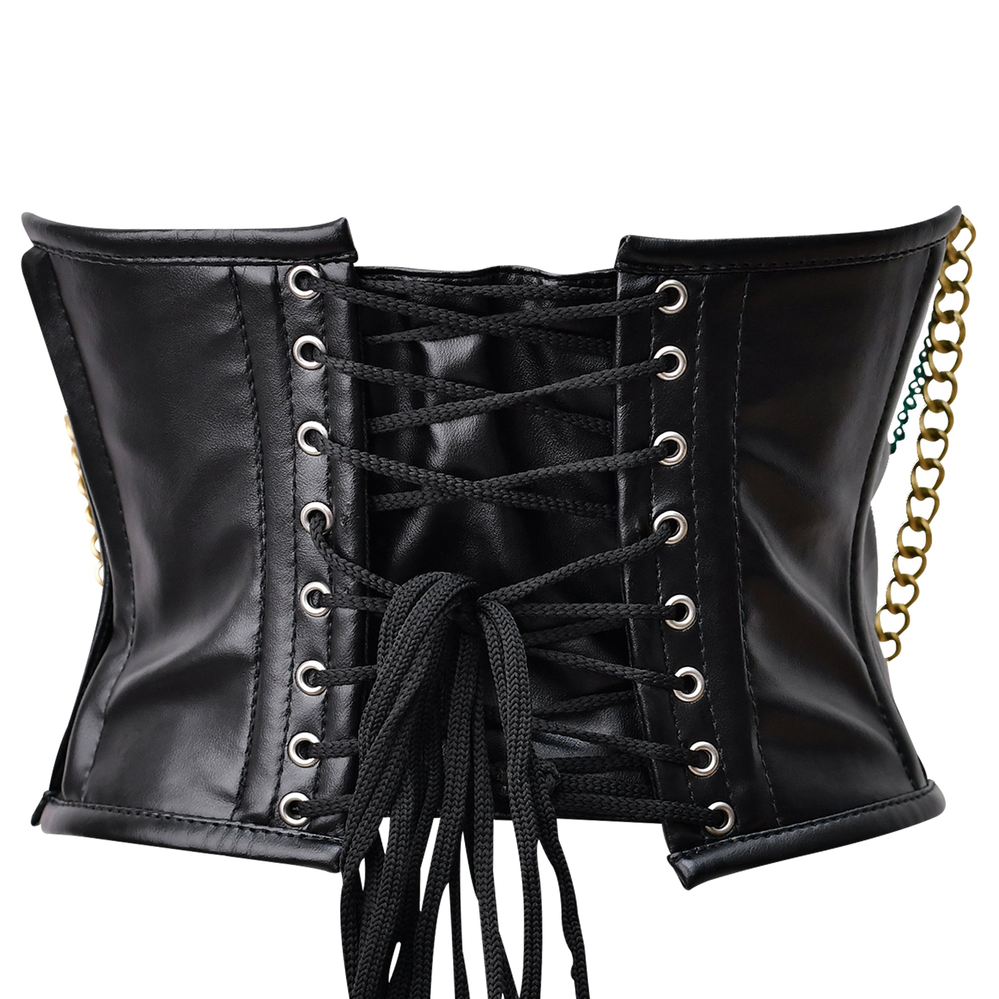 Steampunk steel boned faux leather bustier with bullet spikes, offering waist reduction and back support, perfect for creating a flattering silhouette.