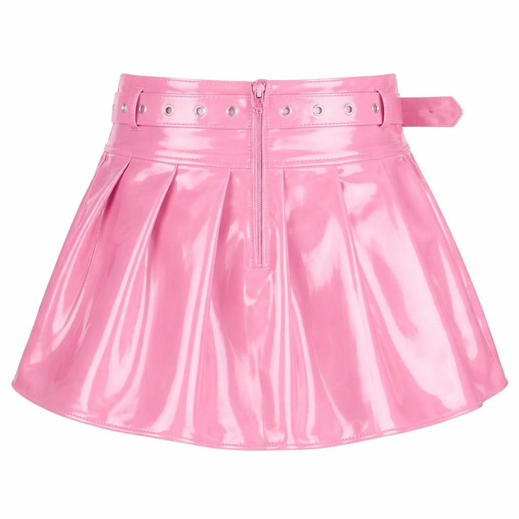 Pink PVC Patent Leather Mini Skirt with Belt