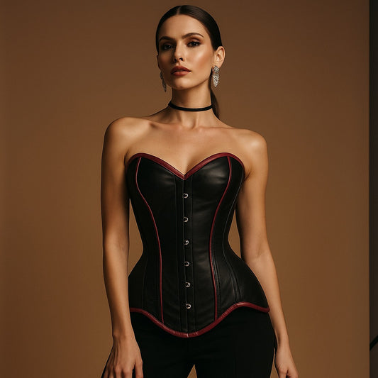 Real Leather Steel Boned Overbust corset w/ Front usk closure