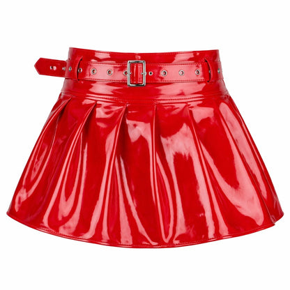 Red PVC Patent Leather Mini Skirt with Belt
