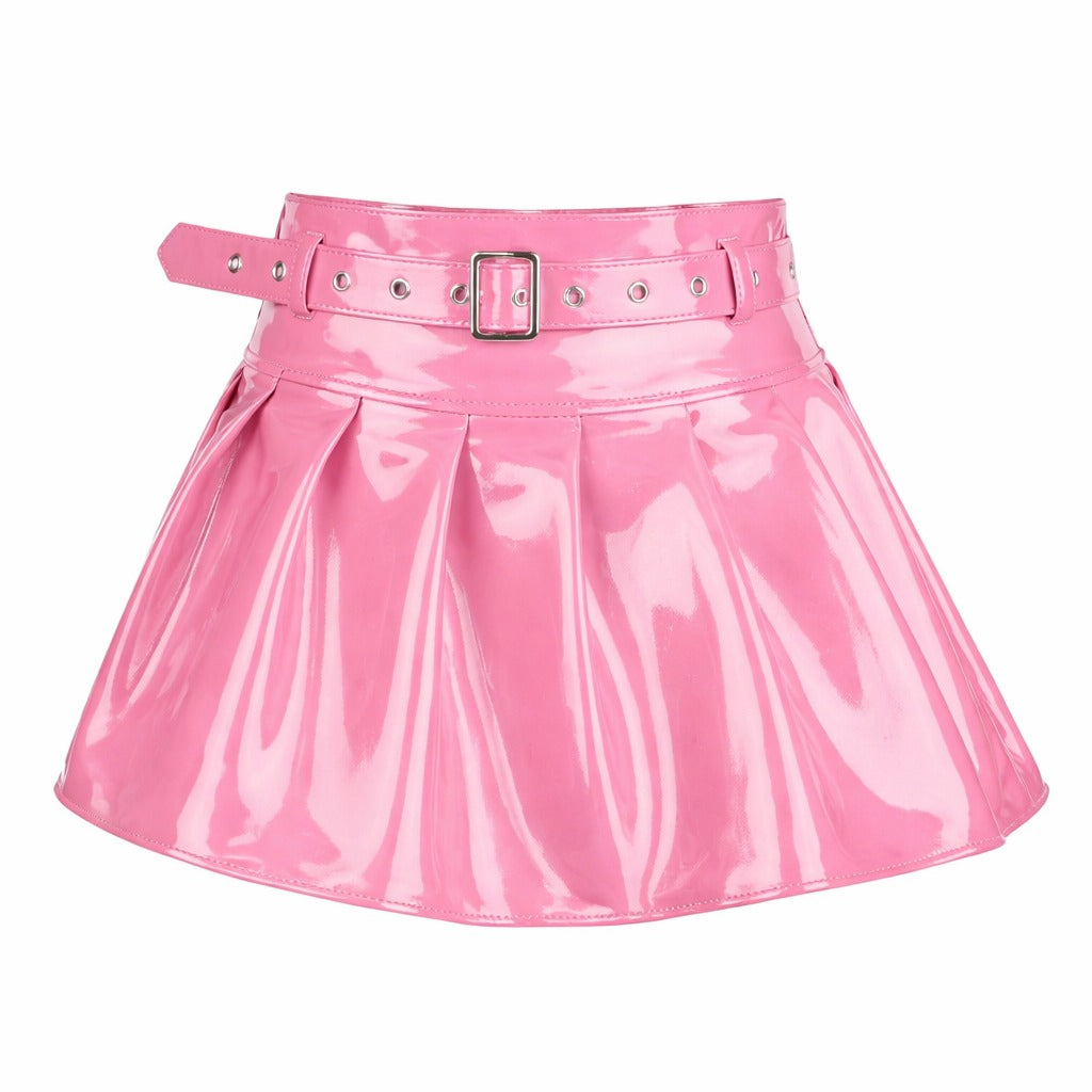 Pink PVC Patent Leather Mini Skirt with Belt
