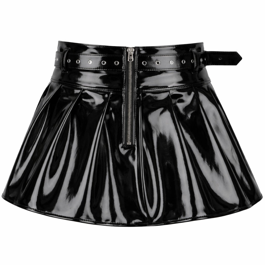 Black PVC Patent Leather Mini Skirt with Belt