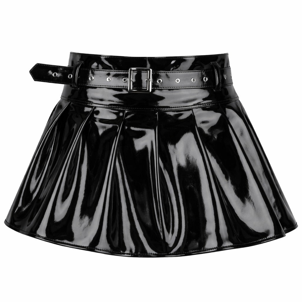 Black PVC Patent Leather Mini Skirt with Belt