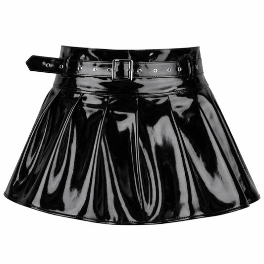 Black PVC Patent Leather Mini Skirt with Belt
