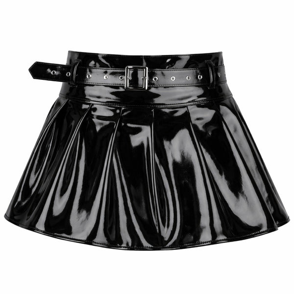 Black PVC Patent Leather Mini Skirt with Belt