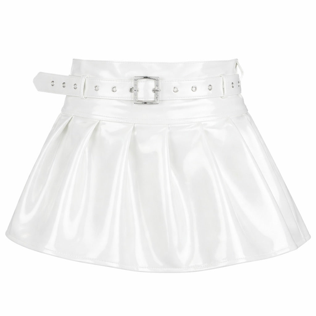 White PVC Patent Leather Mini Skirt with Belt