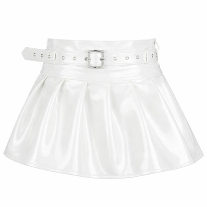 White PVC Patent Leather Mini Skirt with Belt