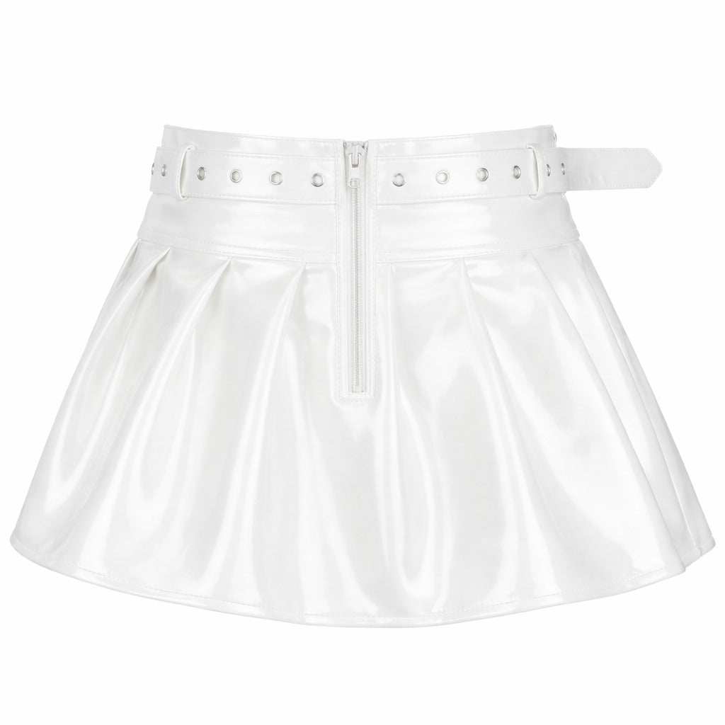 White PVC Patent Leather Mini Skirt with Belt