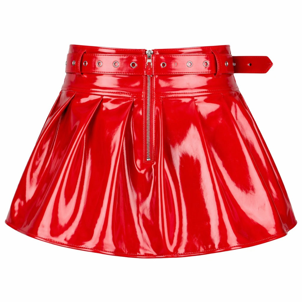 Red PVC Patent Leather Mini Skirt with Belt