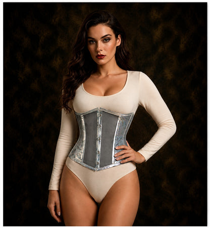 Silver crackle Holographic Sheer Mini Cincher corset/ Waist Trainer Short torso