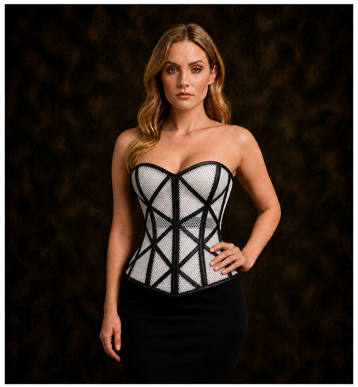 Stylish Overbust Faux/Fishnet Steel boned Corset