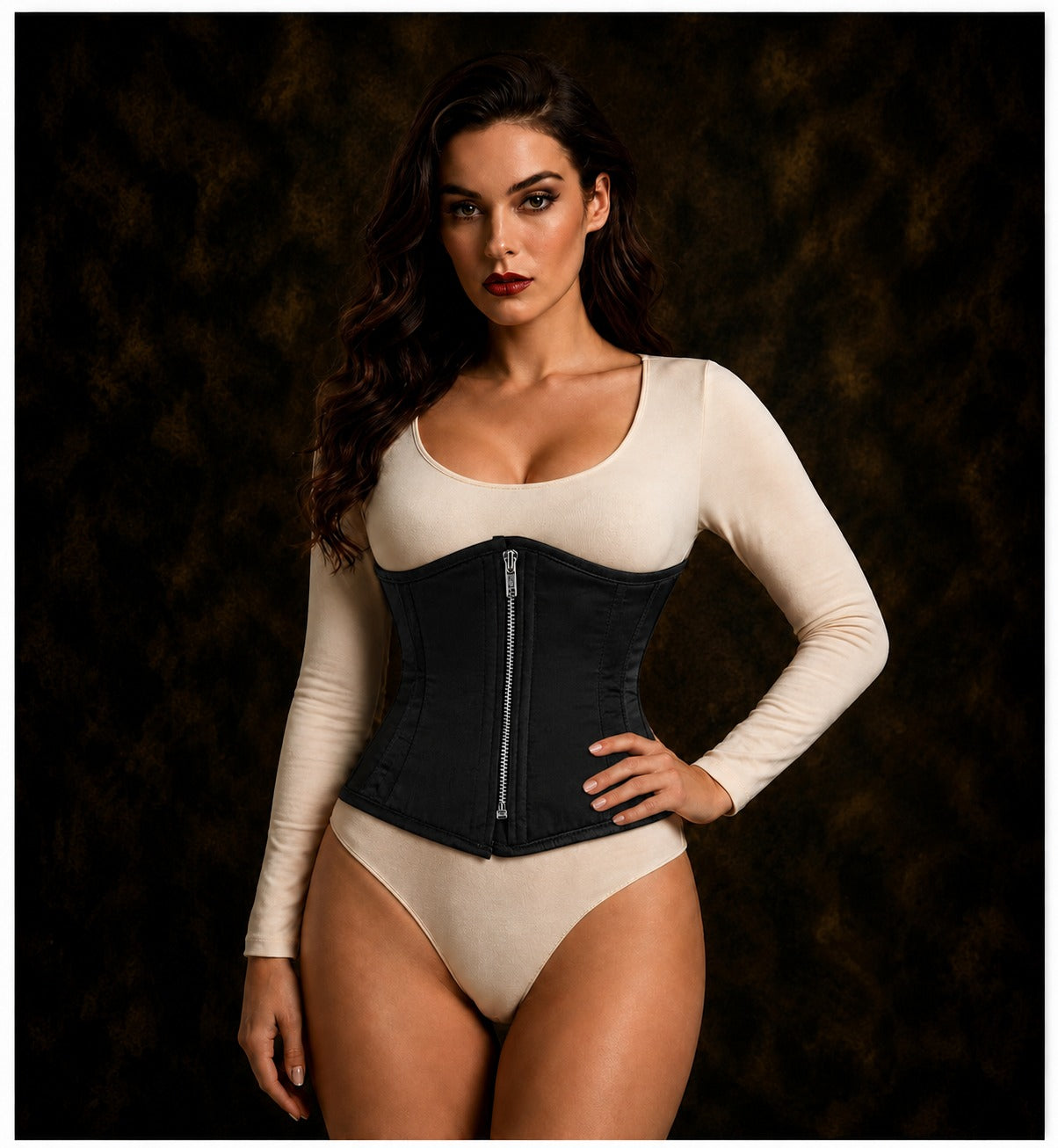 Black Satin Steel Boned Mini Cincher Corset Front Zipper