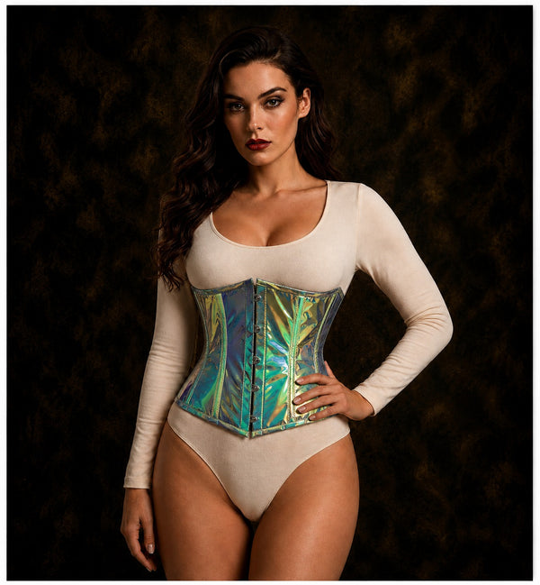 Mint Green Holographic Steel Boned Underbust Corset w/ Busk closure