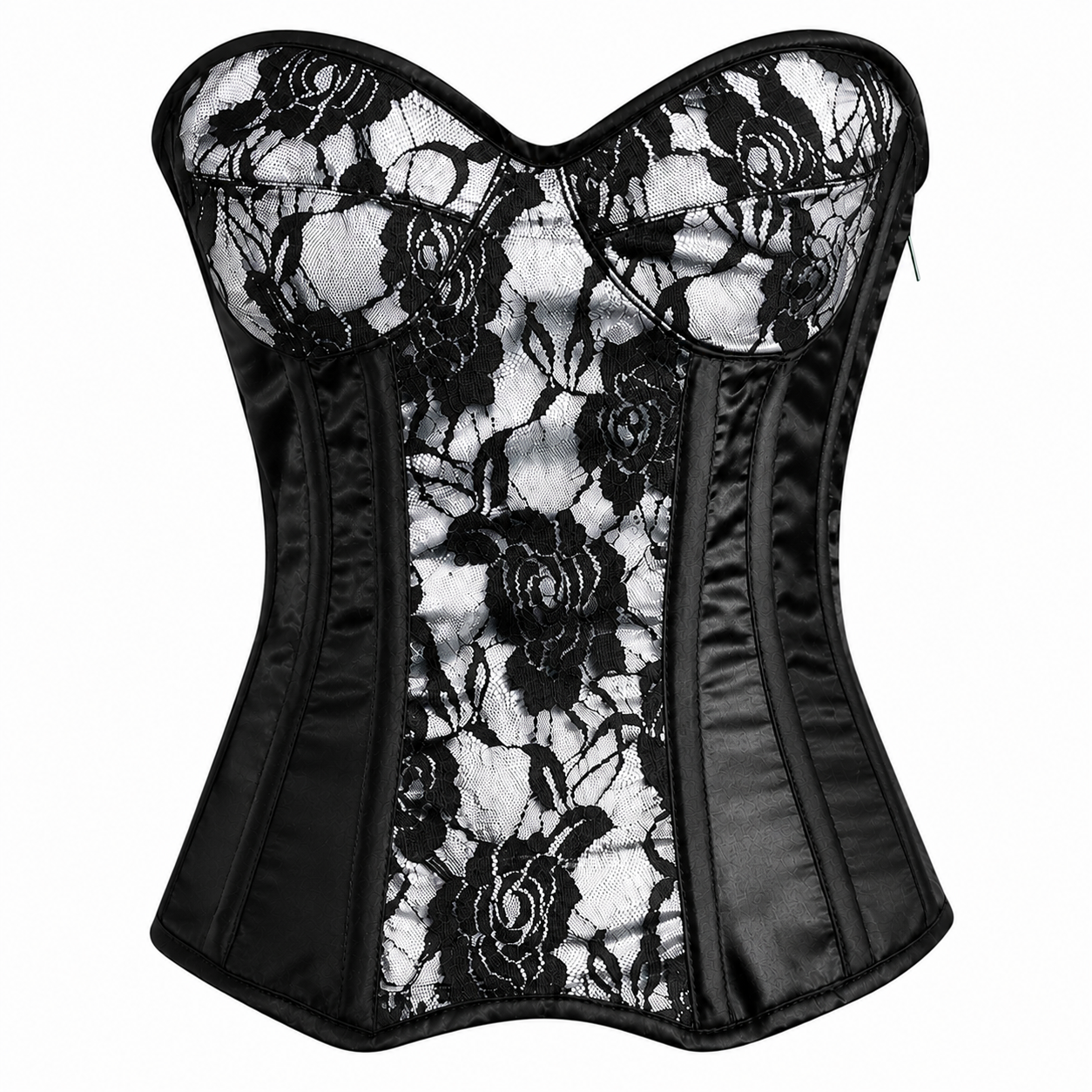 Handmade White Black Satin Floral Lace Steel Boned Zipper Overbust Corset