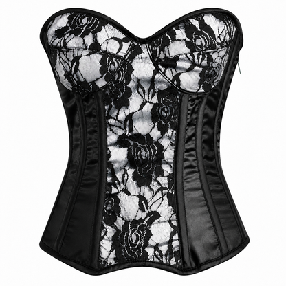 Handmade White Black Satin Floral Lace Steel Boned Zipper Overbust Corset