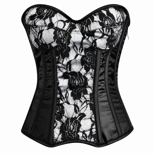 Handmade White Black Satin Floral Lace Steel Boned Zipper Overbust Corset