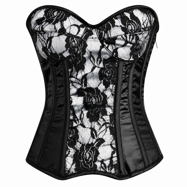 Handmade White Black Satin Floral Lace Steel Boned Zipper Overbust Corset