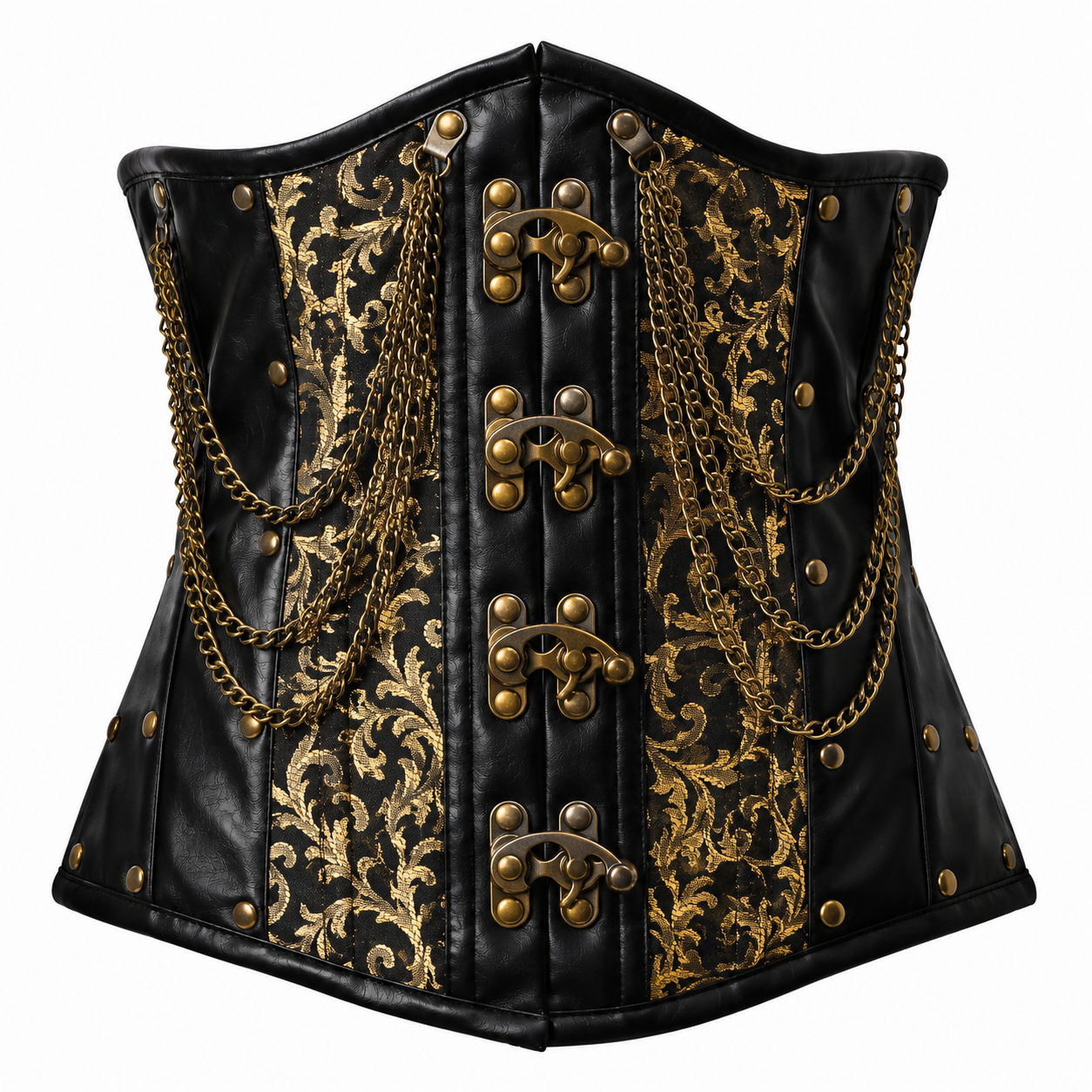 Steel Boned Gold Gothic Brocade Under bust Corset with Chains