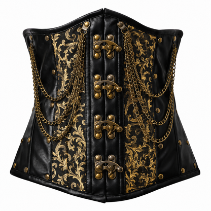 Steel Boned Gold Gothic Brocade Under bust Corset with Chains
