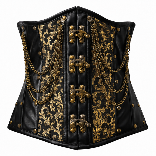 Steel Boned Gold Gothic Brocade Under bust Corset with Chains