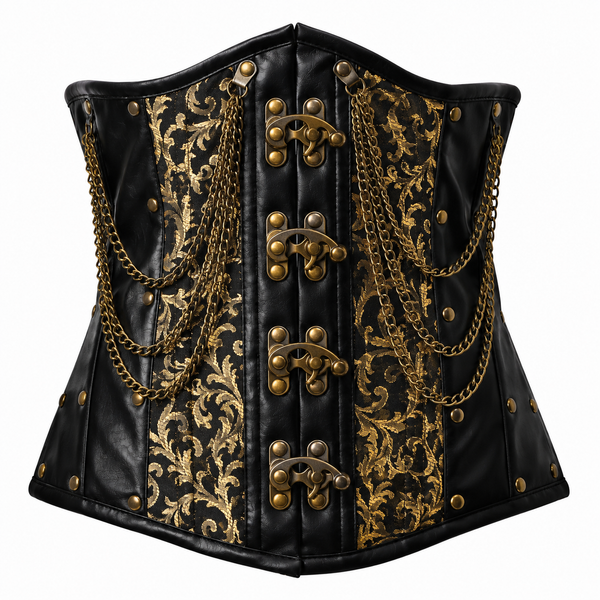 Steel Boned Gold Gothic Brocade Under bust Corset with Chains