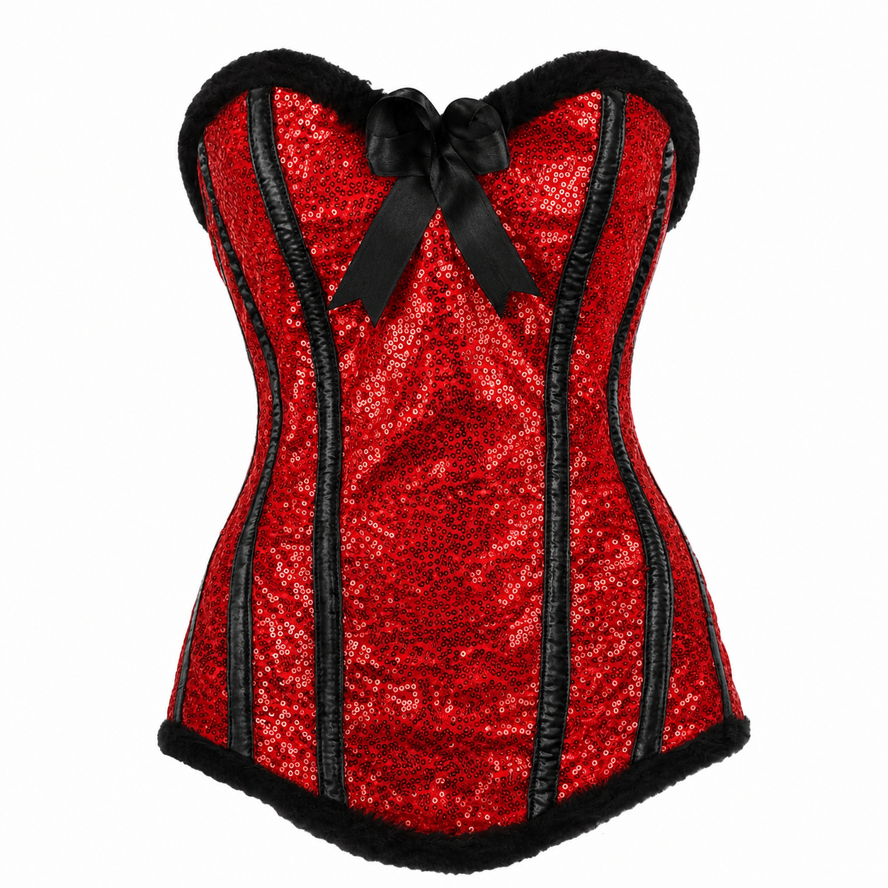 Red Sequin Overbust Corset with Faux Fur Trim & Bow