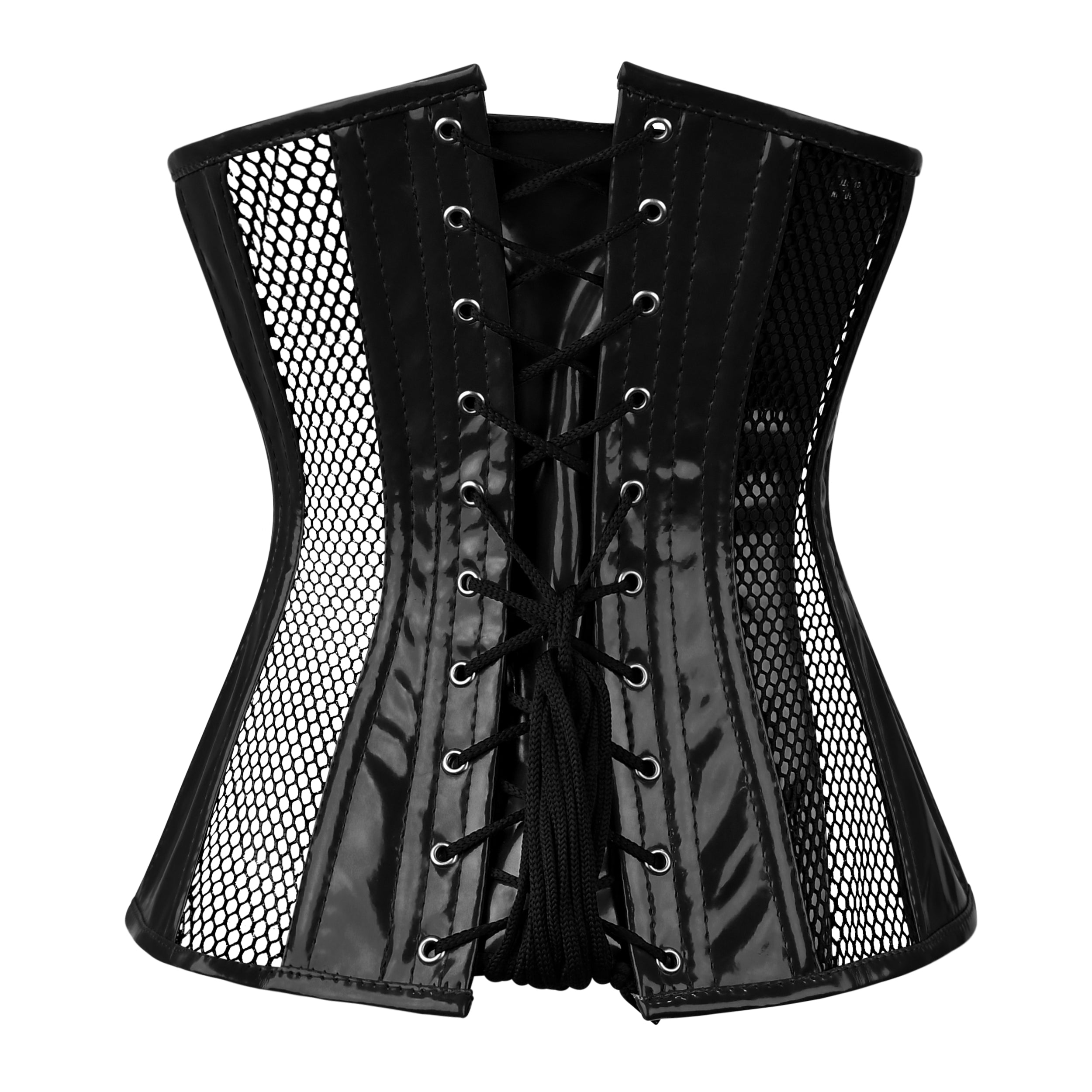 Black PVC Corset -Under bust Steel Boned w/ Fishnet