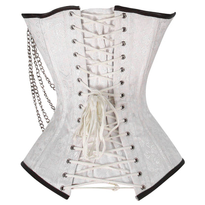 Steel Boned White Brocade Overbust corset w/ Front Clasps and Chains