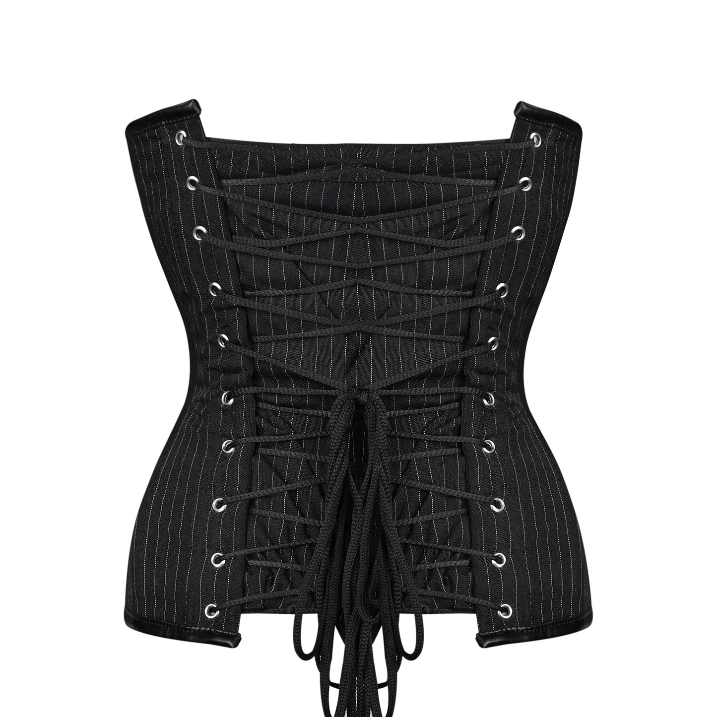 Black Pinstripe & Faux Leather Zip Corset