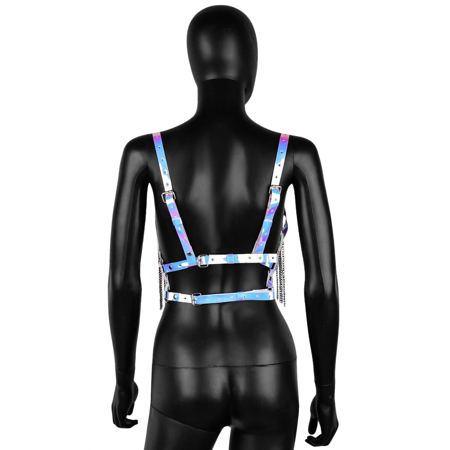 Holographic Leather Harness with Chain Fringe