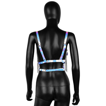 Holographic Leather Harness with Chain Fringe