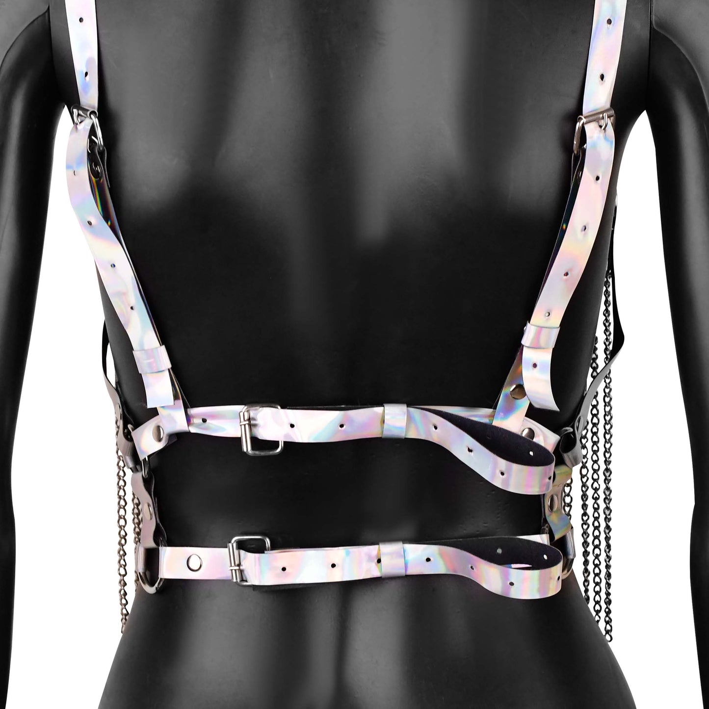 White Iridescent Leather Harness with Chain Fringe