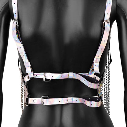 White Iridescent Leather Harness with Chain Fringe
