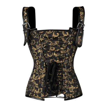 Black & Gold Brocade Corset with Shoulder Straps