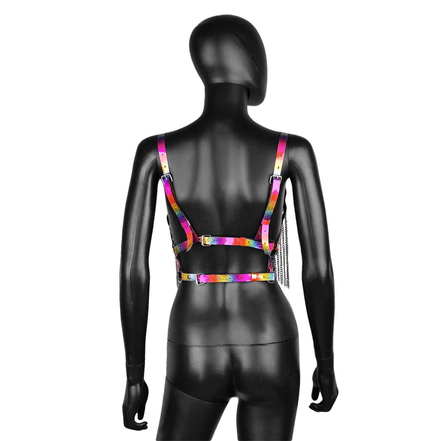 Rainbow Leather Harness with Chain Fringe